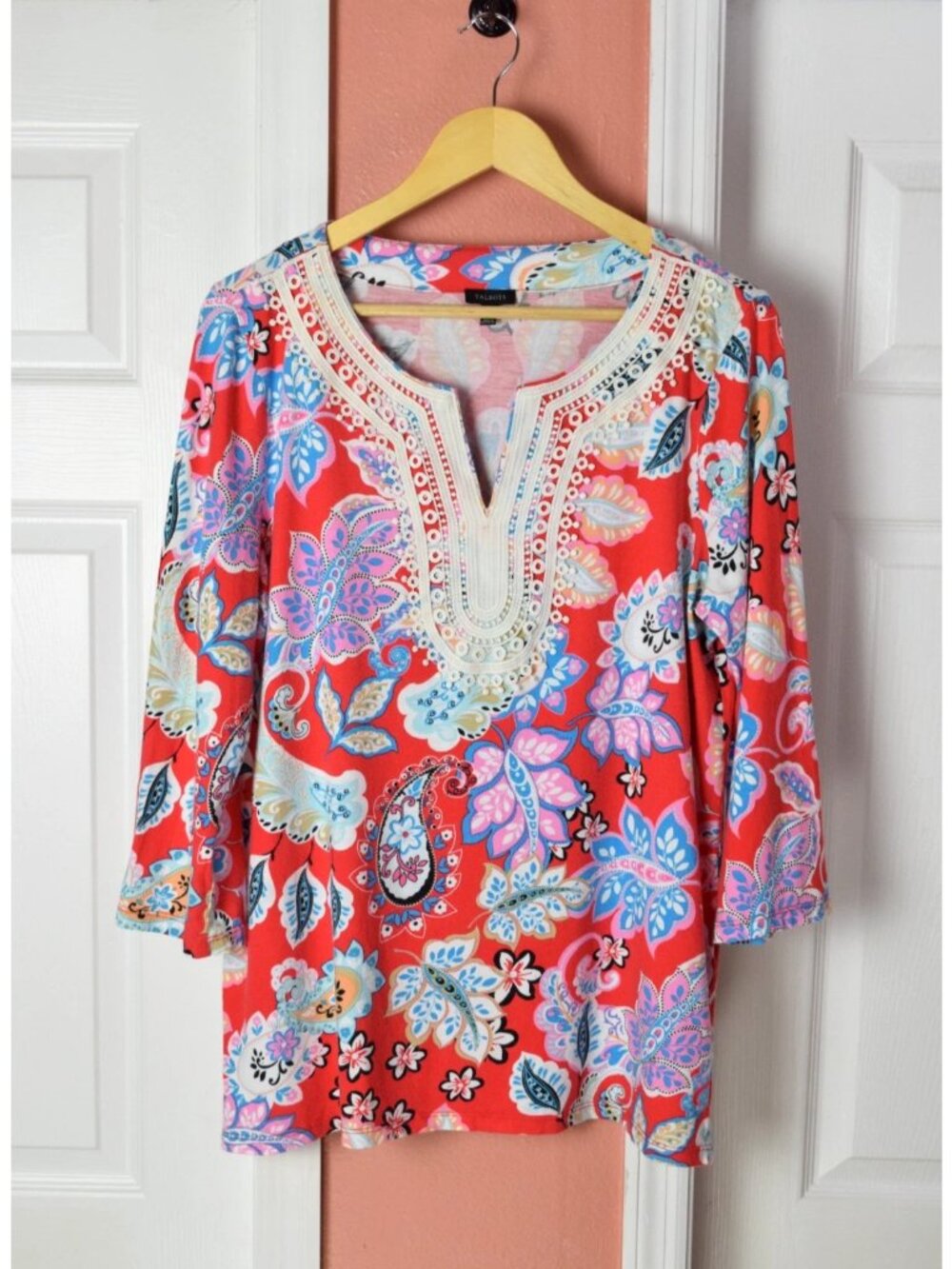 TALBOTS PIMA COTTON BLEND RED PAISLEY FLORAL PRINT CROCHET TUNIC TOP